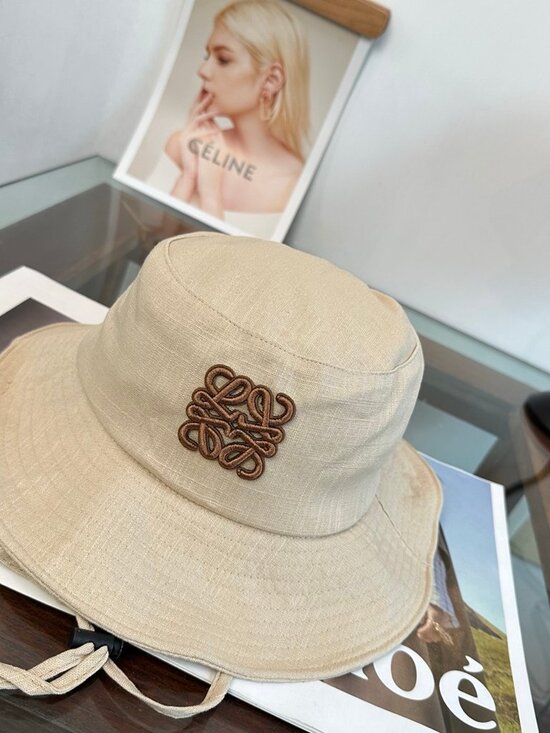 Loewe Beige Linen Anagram Embroidered Bucket Hat Adjustable Drawstring Wide Brim main image 7